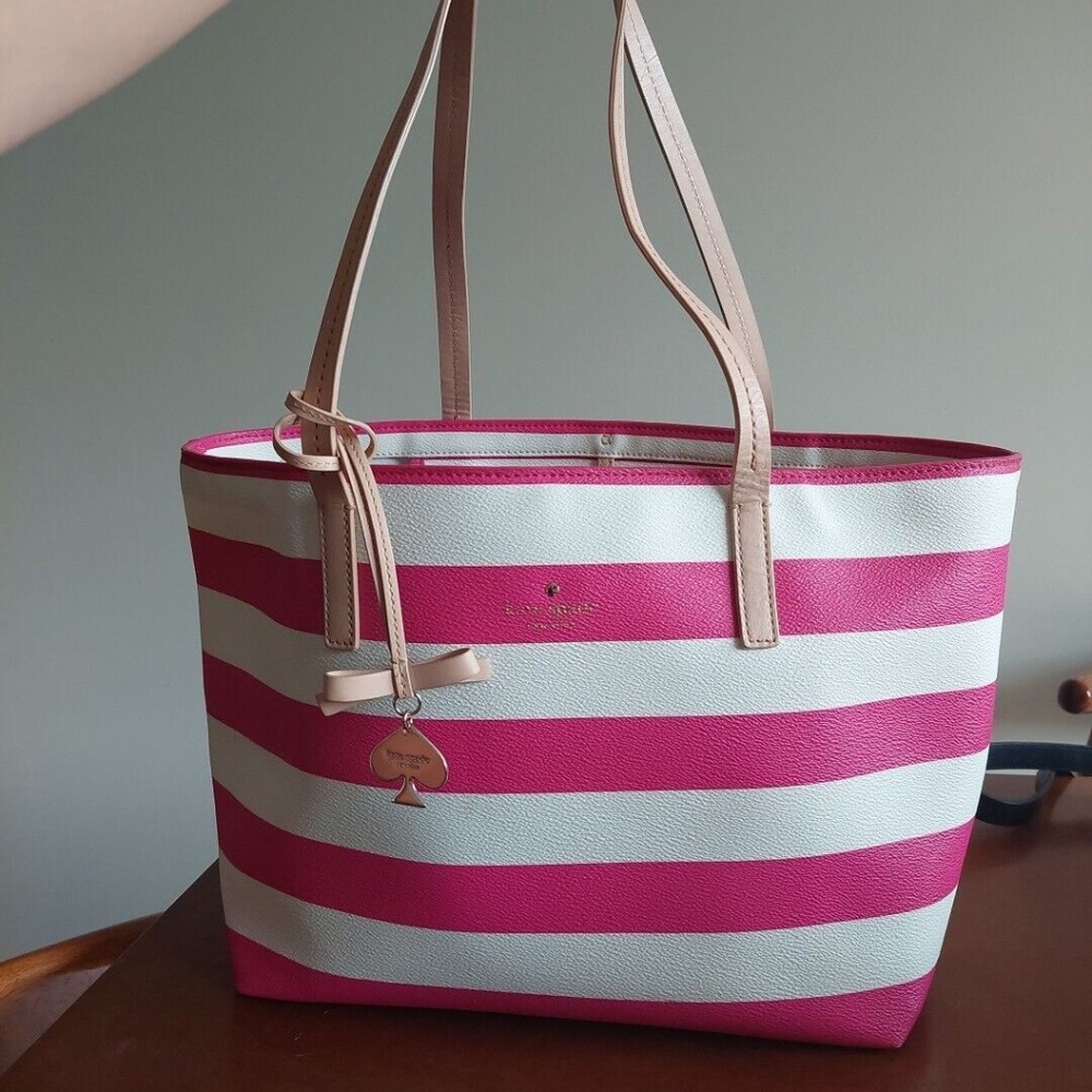 Kate Spade New York Pink and White Stripes Patent Leather Tote Shoulder Bag
